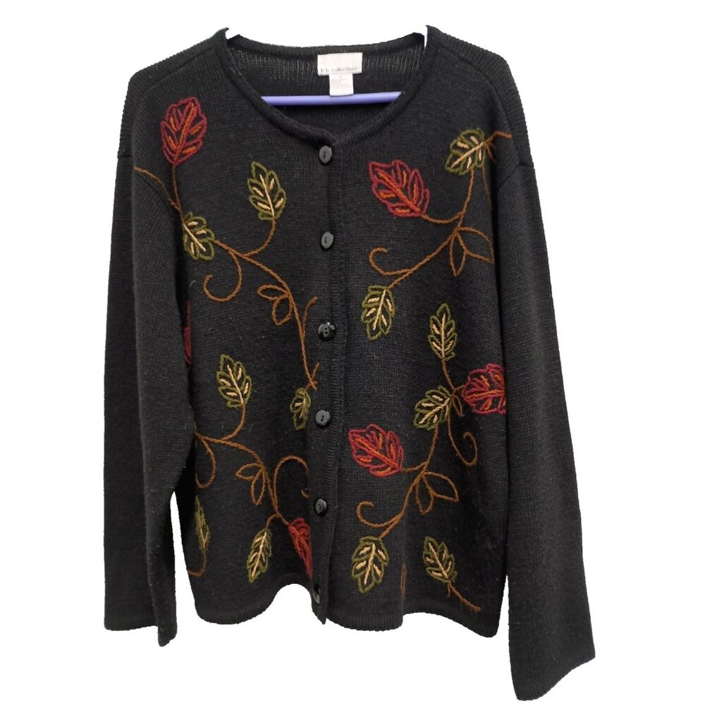Vintage K.B Collections Granny‎ Cardigan Womens Large Black Leaf Embroidered